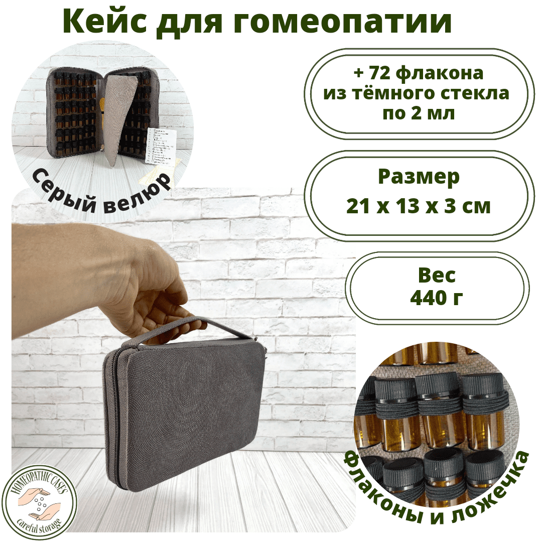 Кейс, серый велюр, 72 флакона с завинчивающимися крышечками 2 мл